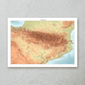 Kaart van de Pyreneeën — decoratieve topografische kaart muurkunst in A1/A2-formaat — premium papier — cartografische kunstwerken — origineel reiscadeau