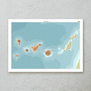 Impressão de mapa das Ilhas Canárias (Espanha) — arte decorativa de parede com mapa topográfico em tamanho A1/A2 — papel premium — arte cartográfica — presente de viagem