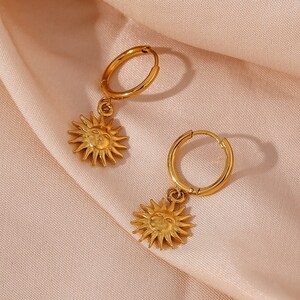 Gold Sun Pendant Hoop Earrings 18K Gold Plated Boho Dangle image 4