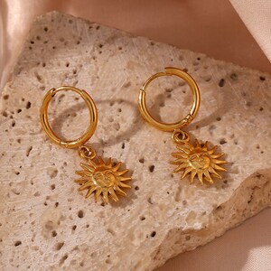 Gold Sun Pendant Hoop Earrings 18K Gold Plated Boho Dangle image 5