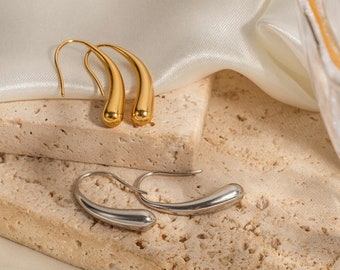 Gold Waterdrop Earrings, 18K Gold Plated Drop Hook Earrings, C Hook Shape Earrings, Gold Drop Earrings