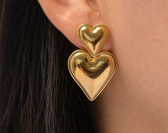 Heart Earrings, Double Heart Drop Earrings, 18K Gold Plated, Love Heart, Drop Earrings
