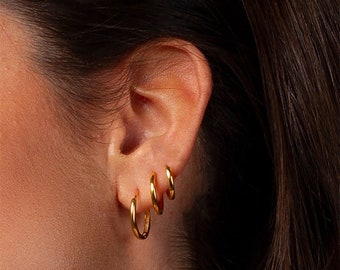 18K Gold Mini Hoop Earrings, Minimalist Thin Hoops, Retro Hoop Earrings