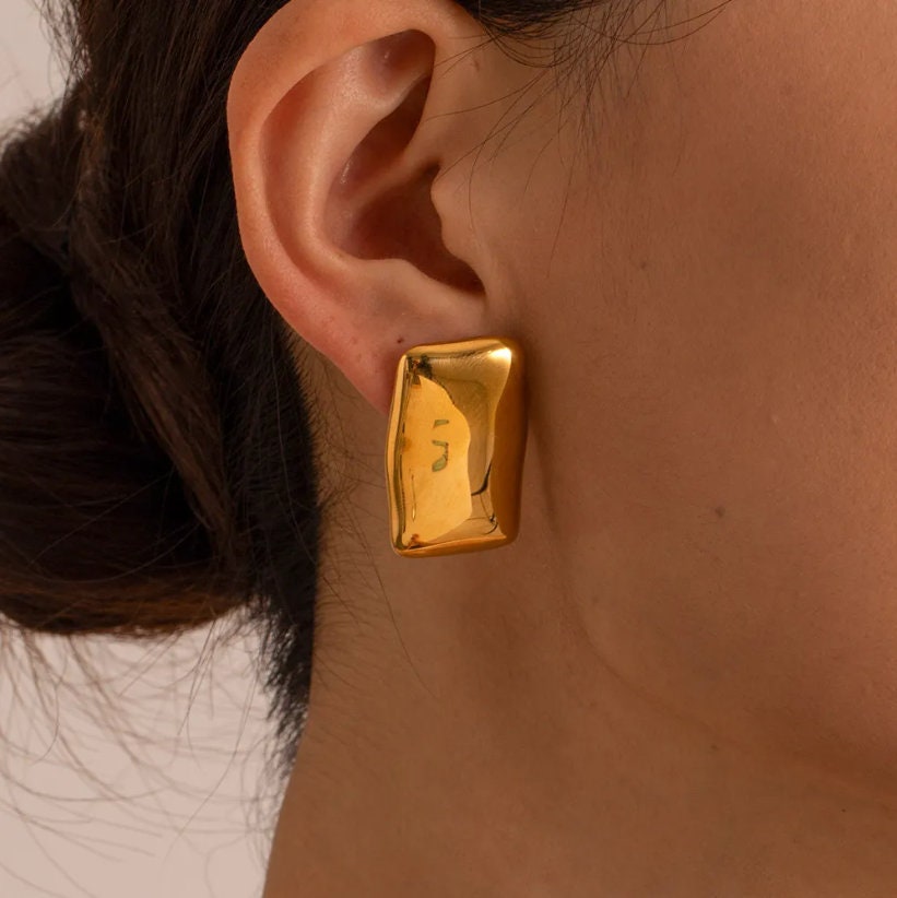 Rectangle Stud Earrings Vintage Gold Earring Flat Gold Stud