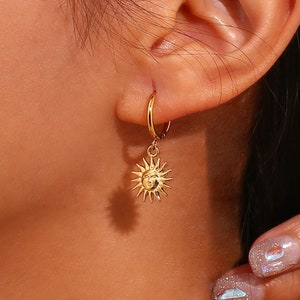 Gold Sun Pendant Hoop Earrings 18K Gold Plated Boho Dangle image 1