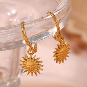 Gold Sun Pendant Hoop Earrings 18K Gold Plated Boho Dangle image 6