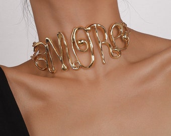 Luxury Amore Love Choker, Abstract Custom Gold Handmade Choker Necklace