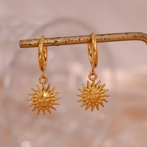 Gold Sun Pendant Hoop Earrings 18K Gold Plated Boho Dangle image 3