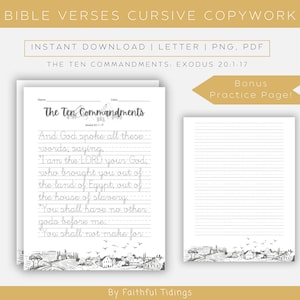 May include: A printable worksheet for cursive handwriting practice featuring the Ten Commandments from Exodus 20:1-17. The worksheet includes a lined area for writing and a decorative border with a countryside scene.