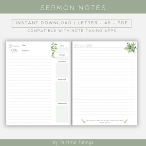 May include: Printable sermon notes template with a green leafy design. The template includes sections for the title, scripture, speaker, keywords, reflection, and other notes. The text "Your word is a lamp for my feet, a light on my path. Psalm 119:105" is at the bottom of the page.