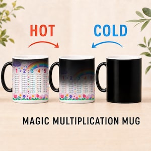 Könnte beinhalten: Drei schwarze Keramiktassen sind abgebildet. Die linke Tasse zeigt ein buntes Einmaleins mit Regenbogen und Blumen. Die mittlere Tasse zeigt eine teilweise verblasste Version des Designs. Die rechte Tasse ist komplett schwarz. Text: MAGIC MULTIPLICATION MUG.