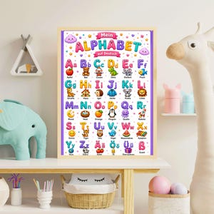 Puede incluir: Un póster educativo rectangular de pared que muestra el alfabeto alemán con ilustraciones coloridas para cada letra, incluyendo animales y objetos. El título dice Mein ALPHABET auf Deutsch, con las letras de la A a la Z y diéresis.