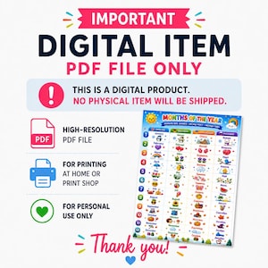 May include: A digital PDF file featuring a colorful educational chart titled Months of the Year. The chart displays twelve months in four languages with corresponding seasonal illustrations. Text includes Important Digital Item, PDF File Only.