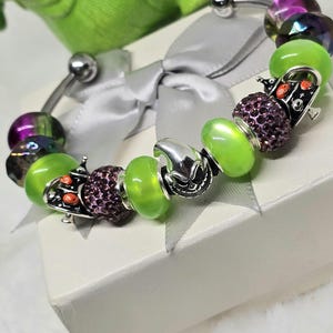 May include: A silver bracelet with a variety of beads. The beads include green, purple, and dark purple crystal beads. There are also silver charms with a Halloween theme, including a Jack Skellington charm and a charm with a spider and web.