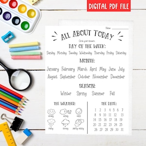 Todo sobre hoy Hoja de trabajo diaria para niños PDF Imprimir archivo para la escuela Aprender Días de la semana Clima Fecha