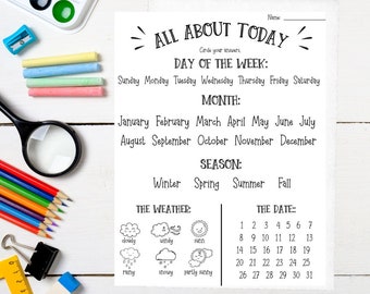 Alles über Heute Tagesarbeitsblatt für Kinder PDF Druckdatei für Schule Lernen Wochentage Wetter Datum