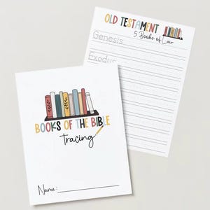 May include: A printable worksheet for tracing the books of the Bible. The worksheet features a colourful illustration of a bookshelf with books and the text "BOOKS OF THE BIBLE Tracing". The worksheet also includes a space for a name and a section for tracing the books of the Old Testament, including the five books of law.