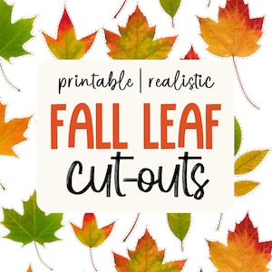 Puede incluir: Recortes de hojas de otoño coloridas, verdes, amarillas, naranjas y rojas, sobre un fondo blanco. El texto "printable | realistic FALL LEAF cut-outs" se muestra en el centro.