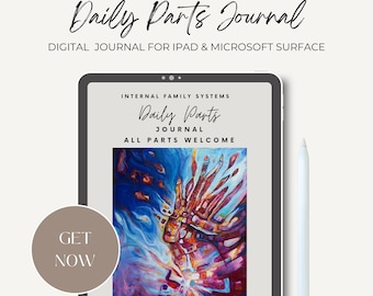 May include: A digital journal for iPad and Microsoft Surface. The cover features the text "Daily Parts Journal" and "All Parts Welcome". The journal's cover art is an abstract painting with blue, orange, and red hues. A stylus is visible.