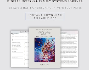 May include: Digital printable journal with a colorful abstract painting of a hand with the text "Internal Family Systems Daily Parts Journal All Parts Welcome" and the title "By Kylie Feller".