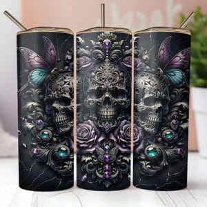 Gothic Skull Tumbler Wrap PNG – 20oz Seamless Sublimation Design with Butterflies, Roses & Gems – Baroque Halloween Digital Download