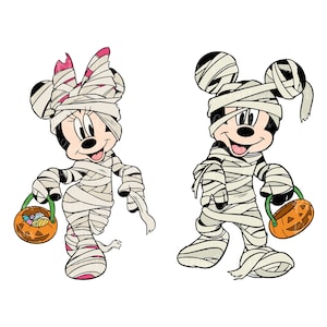 May include: A pair of cartoon mummies dressed in white bandages. The female mummy is holding a small orange pumpkin bucket with candy inside. The male mummy is holding a similar bucket.