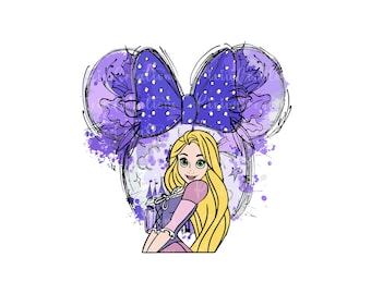 May include: A purple and white watercolor illustration of a Disney princess with a purple bow on her head. The princess is wearing a purple dress and has long blonde hair.
