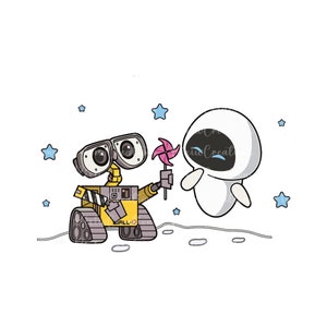Puede incluir: Ilustración de dibujos animados con dos robots, Wall-E y Eva, sobre un fondo blanco. Wall-E, un robot amarillo y gris, ofrece a Eva un molinillo rosa. Estrellas azules están dispersas alrededor de los personajes.