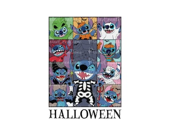 May include: A Halloween-themed graphic featuring Stitch in various costumes, including a pumpkin, vampire, and mummy. The design is arranged in a grid with the word "HALLOWEEN" at the bottom. The color palette includes blue, orange, and white.