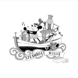 Puede incluir: Ilustración en blanco y negro de Steamboat Willie, un personaje de dibujos animados, dirigiendo un barco de vapor. El barco de vapor tiene una chimenea y una pancarta que dice "Steamboat Willie". Notas musicales flotan sobre la cabeza del personaje.