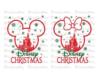 May include: Red and green Christmas design featuring Mickey Mouse ears with a silhouette of Cinderella's Castle inside. The text "Disney Christmas" is below the ears.