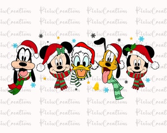 May include: A digital illustration of four Disney characters wearing Santa hats and scarves. The characters are Mickey Mouse, Minnie Mouse, Donald Duck, and Pluto. The characters are all smiling and looking at the viewer.