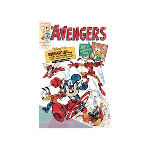 Może przedstawiać: Okładka komiksu przedstawiająca Myszke Miki i jego przyjaciół jako superbohaterów. Okładka jest czerwona, żółta i niebieska z tytułem "Avengers" i tekstem "What if... Mickey and friends were Earth's mightiest heroes?"
