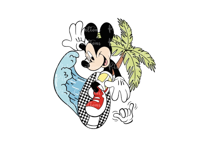 Pu&ograve; includere: Topolino sta facendo surf su una tavola da surf a scacchi con un'onda blu dietro di lui. Indossa scarpe rosse e ha una palma dietro di lui.