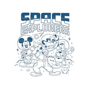 May include: A black and white line drawing of Mickey Mouse, Donald Duck, and Goofy dressed as astronauts. The text "SPACE EXPLORERS" is above them.