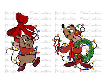 May include: Two cartoon mice dressed in red and white Christmas outfits. One mouse is holding a red bow and the other is holding a candy cane. Both mice are surrounded by Christmas lights.