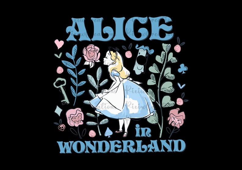 May include: Alice in Wonderland illustration featuring a cartoon Alice in a blue dress with a white apron, surrounded by flowers, leaves, and playing cards. The text "Alice in Wonderland" is written in blue letters.