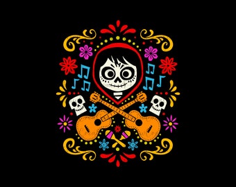 May include: A colorful illustration of a character from the movie Coco, with a red hood, a skull face, and crossed guitars. The illustration is surrounded by flowers, musical notes, and skulls.