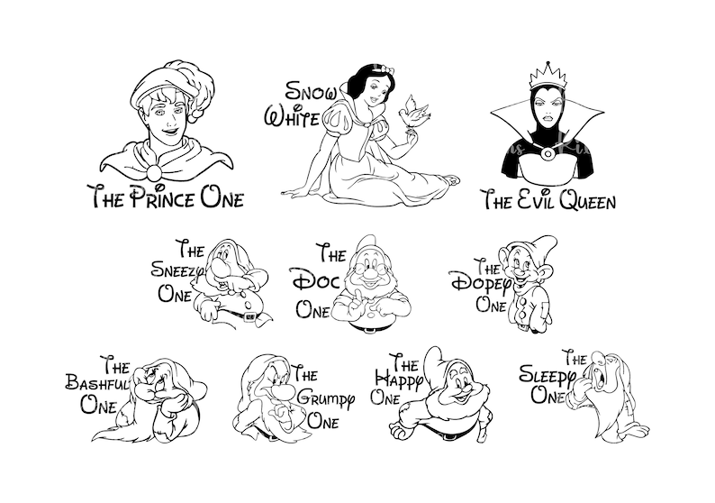 May include: Black and white line art illustrations of Snow White and the Seven Dwarfs. The illustrations include Snow White, the Evil Queen, the Prince, Doc, Dopey, Grumpy, Happy, Sleepy, Bashful, and Sneezy. Each illustration includes a title with the character's name and a descriptive phrase.