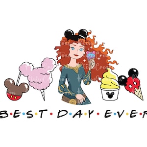 May include: A red-haired cartoon character wearing a blue dress and Mickey Mouse ears holds a purple and blue ice cream cone. The character is surrounded by Mickey Mouse-themed treats, including a pink cotton candy, a brown Mickey Mouse head on a stick, and a yellow Mickey Mouse ice cream cone. The text "BEST DAY EVER" is written below the image.