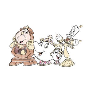 Puede incluir: Una ilustración de dibujos animados de cuatro personajes de la película de Disney La Bella y la Bestia. Los personajes son Din Don el reloj, la señora Tetera la tetera, Chip la taza de té y Lumière el candelabro. Los personajes están todos sonriendo y parecen felices.