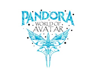 Peut inclure: Un design graphique bleu et blanc avec le texte "Pandora World of Avatar" et un oiseau bleu stylisé aux ailes déployées.