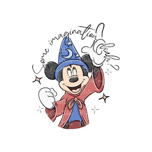 May include: Illustration of Mickey Mouse in a sorcerer's outfit, wearing a blue hat with stars and a red robe. The text "some imagination?" is written above Mickey's head, with star accents.