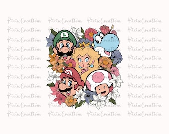 May include: A digital illustration of Mario, Luigi, Peach, and Toad from the Super Mario Bros. video game series. The characters are surrounded by colorful flowers and leaves.