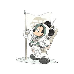 May include: A cartoon mouse dressed as an astronaut stands on a white surface holding a flag with a planet symbol. The mouse is wearing a white spacesuit with a green helmet and a backpack.