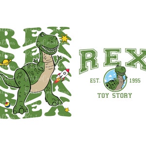 May include: Green dinosaur character from Toy Story, Rex, with a rocket behind him. The text "REX" is in a green and white collegiate font with the text "EST. 1995 TOY STORY" below.