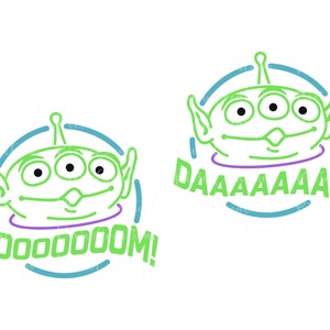 May include: Two green alien cartoon characters with three eyes each, with a purple circle around their necks. The alien on the left is in a blue circle with the text "MOOOOOM!" in green. The alien on the right is in a blue circle with the text "DAAAAAAD!" in green.
