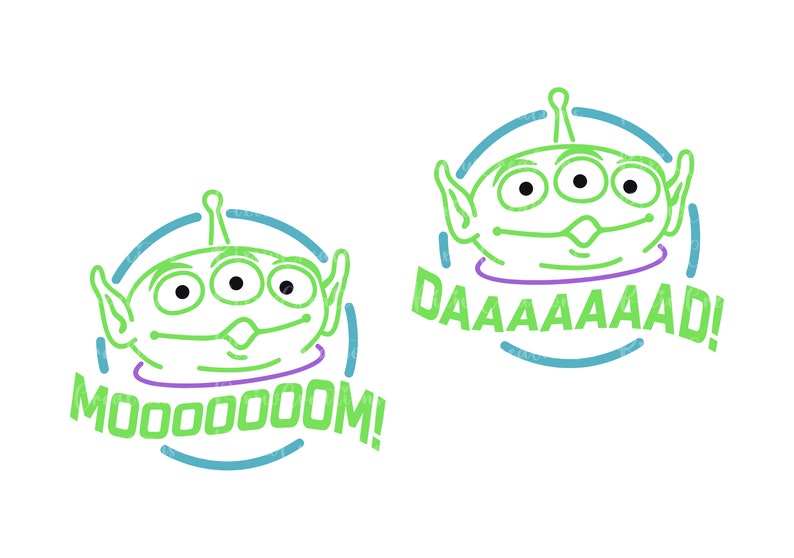 May include: Two green alien cartoon characters with three eyes each, with a purple circle around their necks. The alien on the left is in a blue circle with the text "MOOOOOM!" in green. The alien on the right is in a blue circle with the text "DAAAAAAD!" in green.