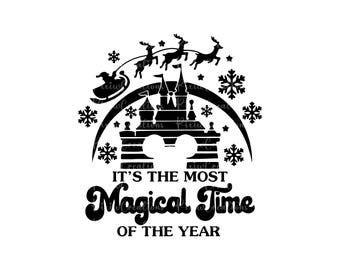 May include: Black and white graphic featuring a castle silhouette with Mickey Mouse ears, snowflakes, and Santa's sleigh pulled by reindeer. Text reads "It's the Most Magical Time of the Year."