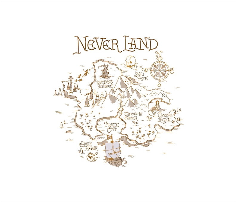 Peut inclure: Une carte dessin&eacute;e &agrave; la main de l'&icirc;le de Neverland, une &icirc;le fictive des histoires de Peter Pan. La carte pr&eacute;sente une boussole, un rocher en forme de cr&acirc;ne, un lagon de sir&egrave;nes, une crique de pirates, un ruisseau de crocodiles et le navire Jolly Roger. La carte est dessin&eacute;e &agrave; l'encre brune sur un fond blanc.